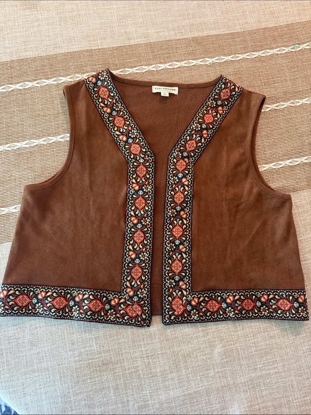 EARTHBOUND Brown Embroidered Boho Suede Vest
